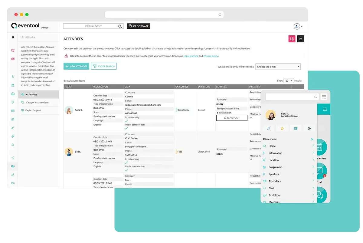 Add sessions, information, rooms,  scientific communications, places... to your app and manage the content through the admin panel