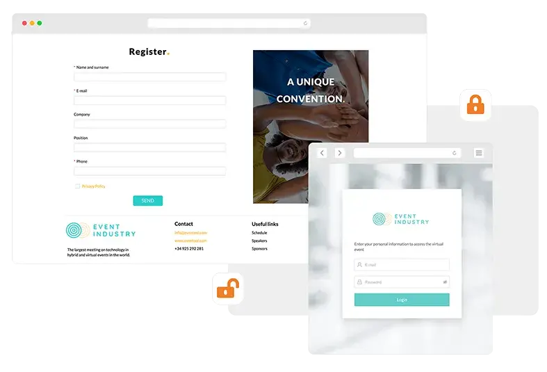 Incluye un formulario de registro y/o login para que los asistentes puedan identificarse en el evento virtual. Protege las secciones.
